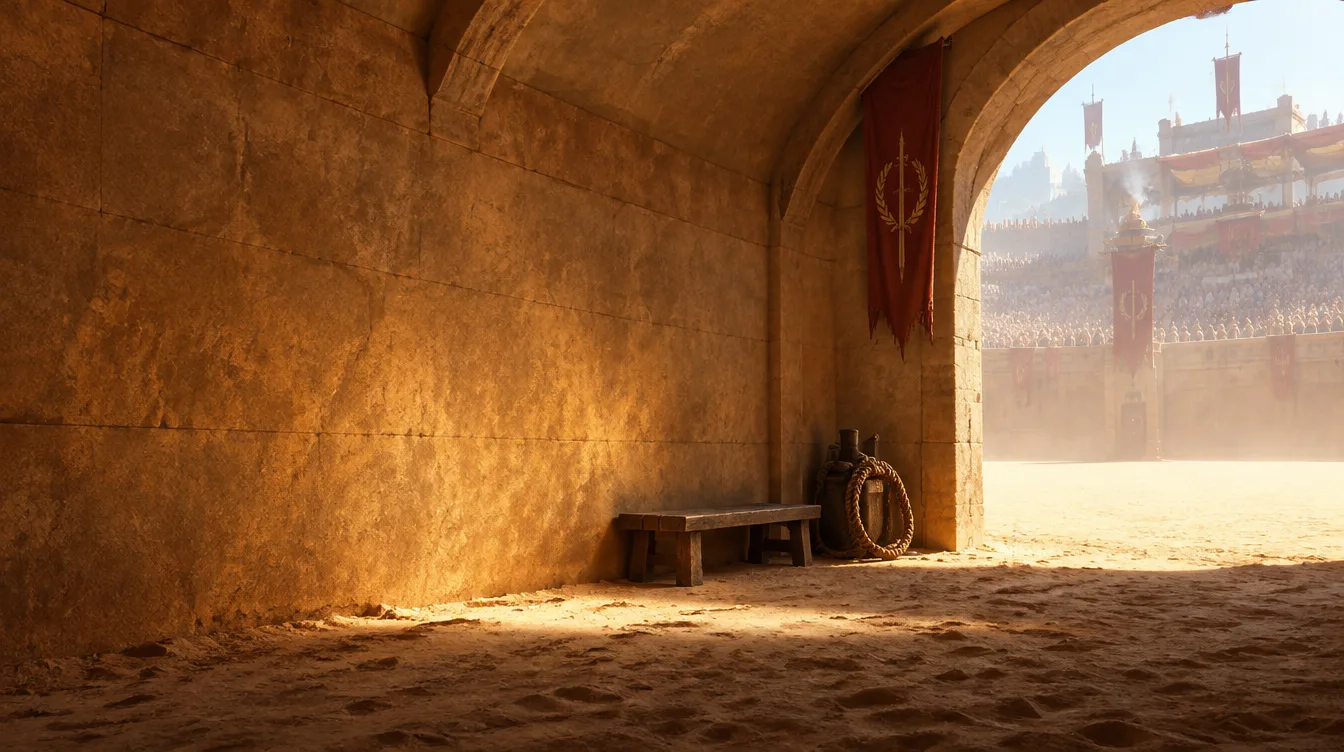 Lorong petarung di bawah tribun Great Sand, dinding batu pasir dan lengkung terang ke arena.
